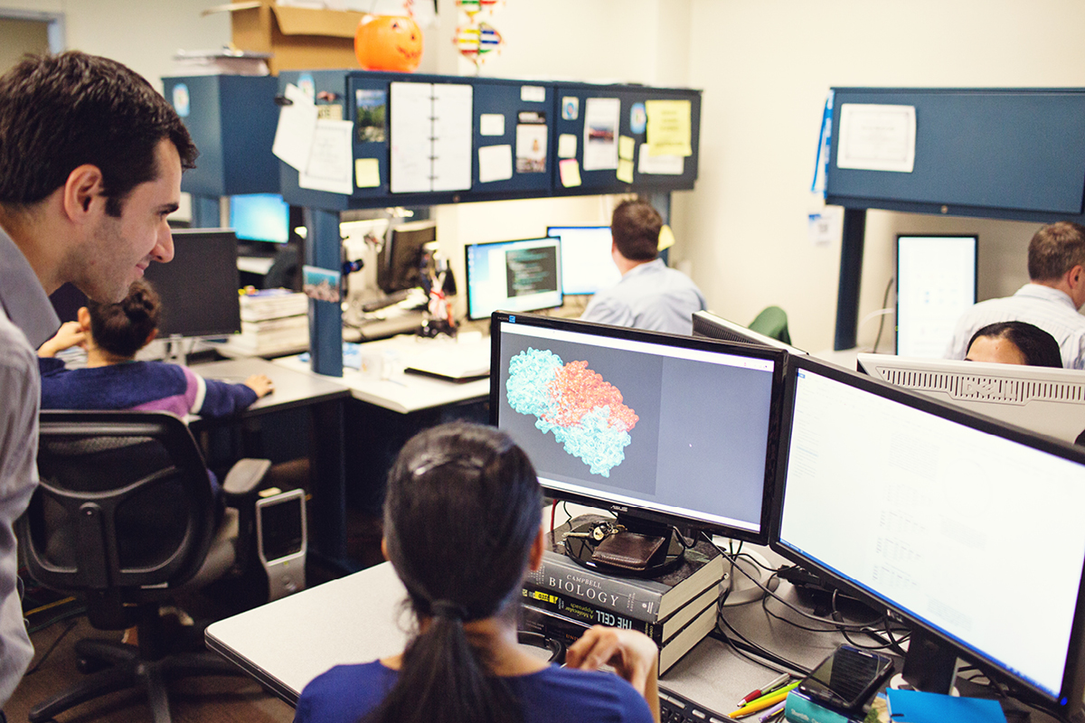 Researchers in a shared office space working at computer stations, with one screen displaying a colorful molecular structure and a supervisor observing and discussing the work.