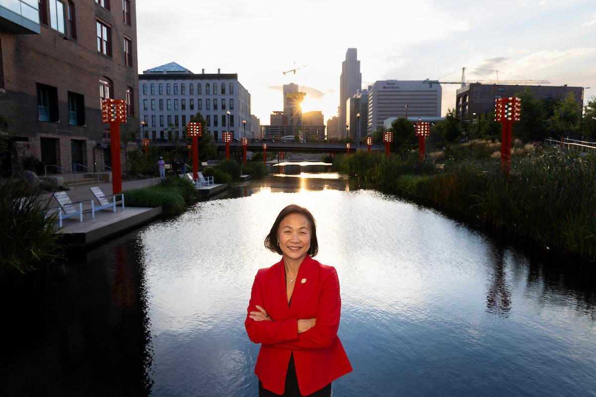 University of Nebraska at Omaha (UNO) Chancellor Joanne Li, Ph.D., CFA, at the Gene Leahy Mall at The RiverFront. Photo: Ryan Soderlin, UNO Office Strategic Marketing and Communications.