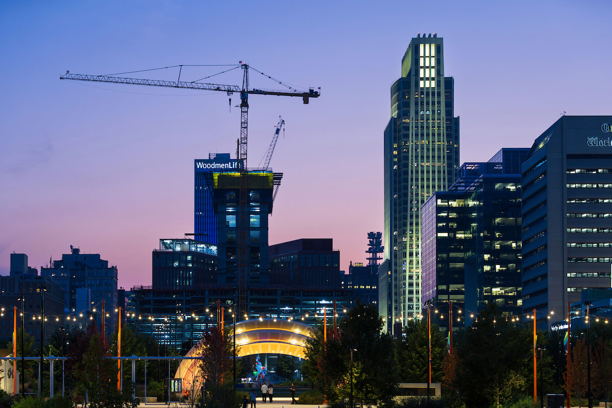 The Downtown Omaha skyline from the Gene Leahy Mall at The RiverFront. Photo: Ryan Soderlin, University of Nebraska at Omaha (UNO) Office of Strategic Marketing and Communications.