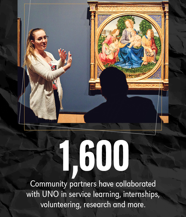 1,600 Community partners have collaborated  with UNO in service learning, internships,  volunteering, research and more.