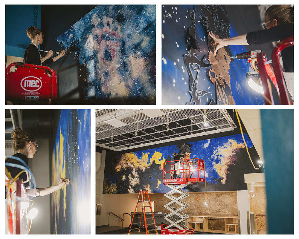 Collage of photos of Lee Running working on mural