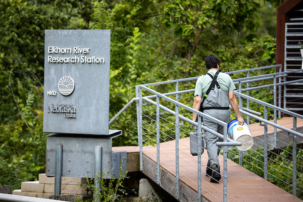 a researcher walks along a pathway at the Elkhorn River Research Station