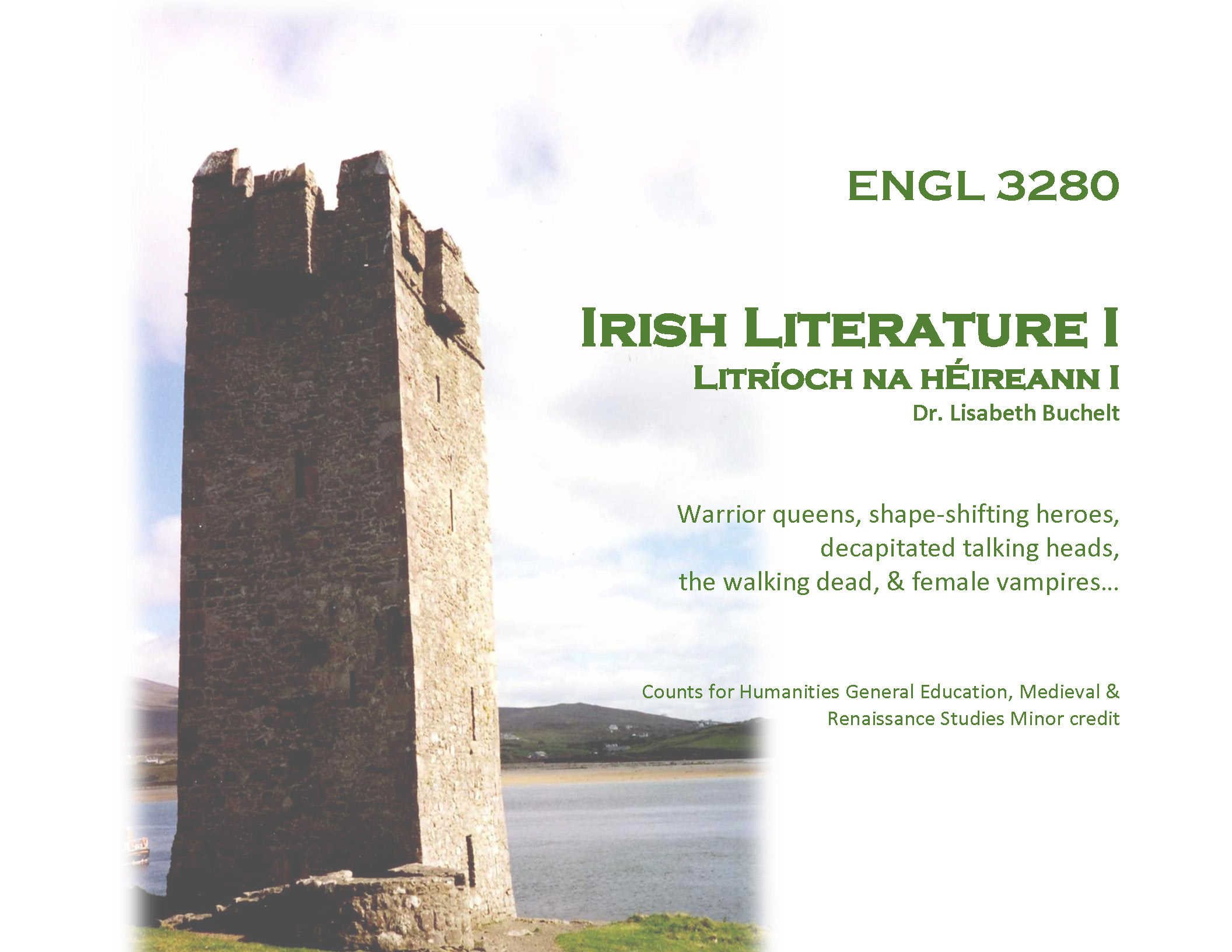 irish literature flier with image of castle tower