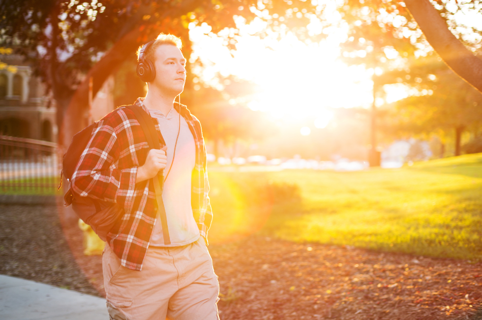 A student walking to class. 