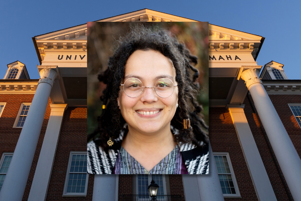 An image of Britny Cordera over a photo of the College of Arts and Sciences. 