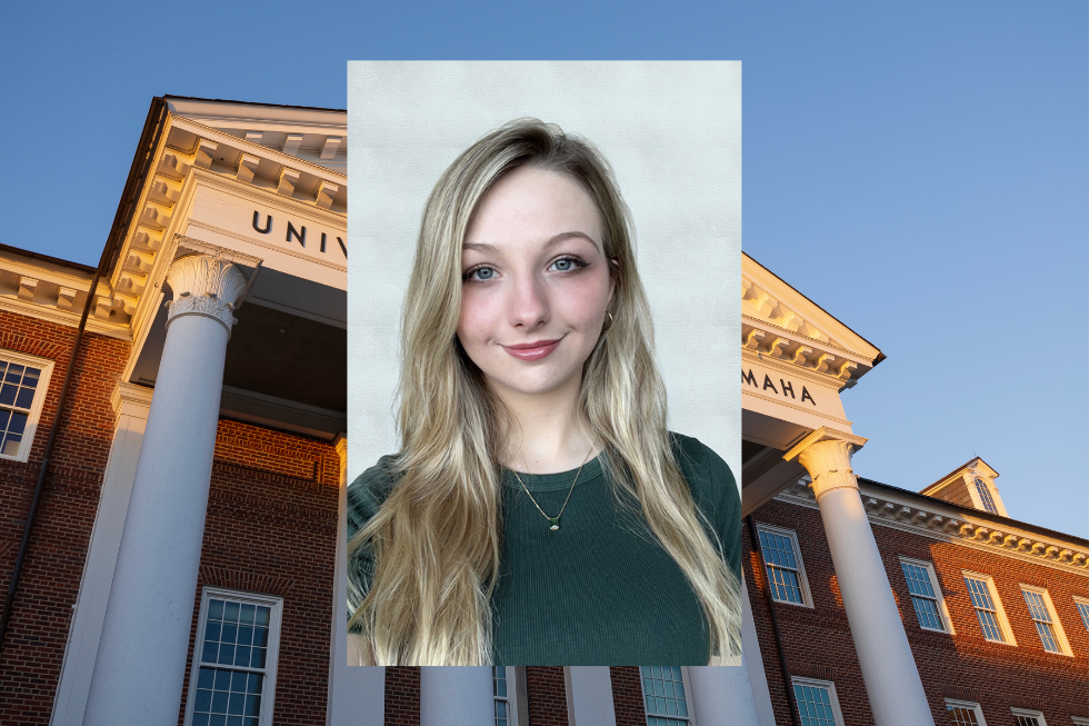 A headshot of Kaylee Lahti over an image of Arts and Sciences Hall