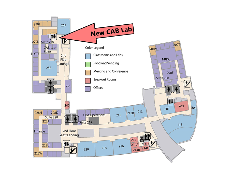 Map of 2nd Floor Mammel Hall with arrow pointing to the CABLab, which is located in Mammel Hall 270