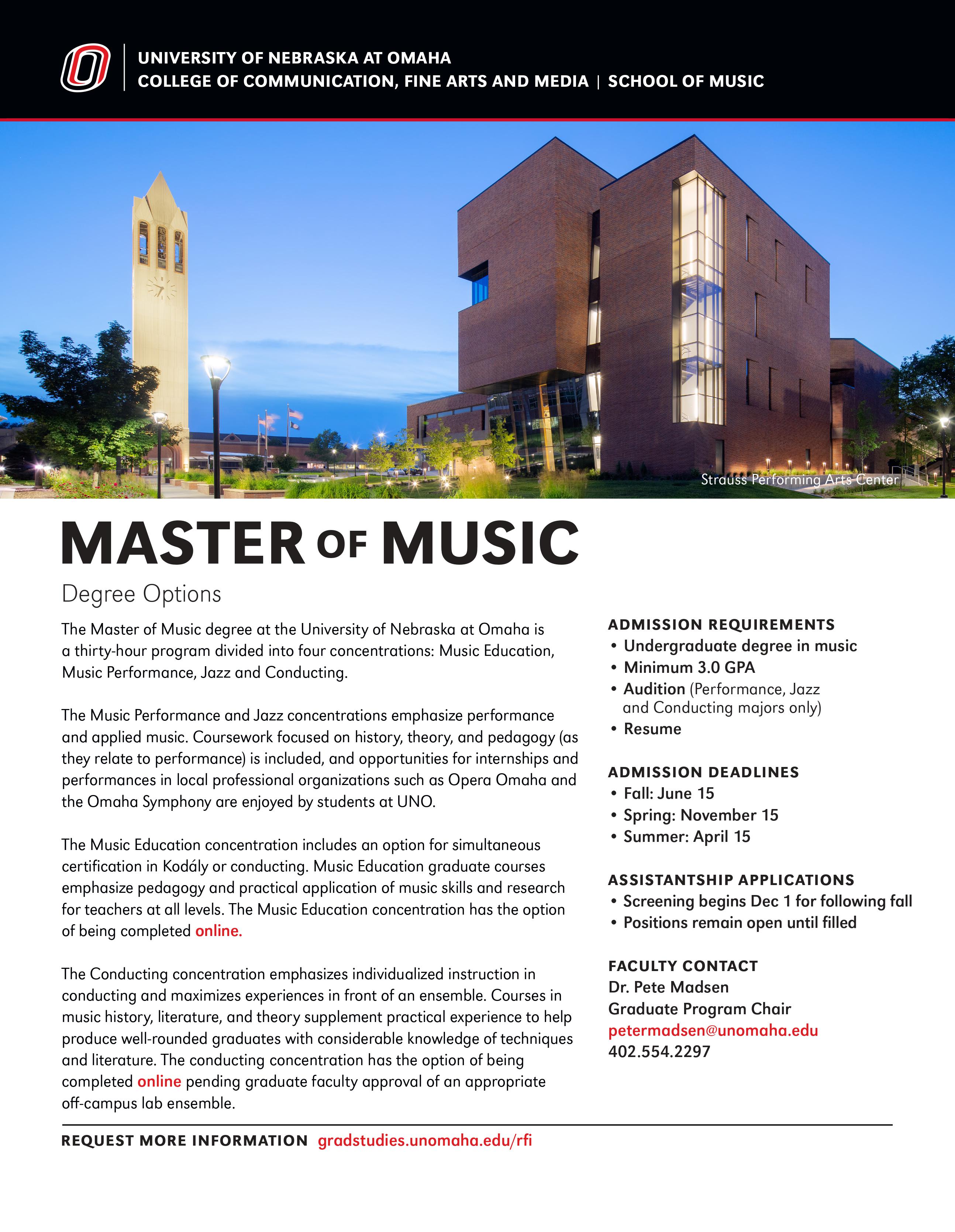 this is a PDF with information about the master of music options from the university of nebraska omaha's school of music