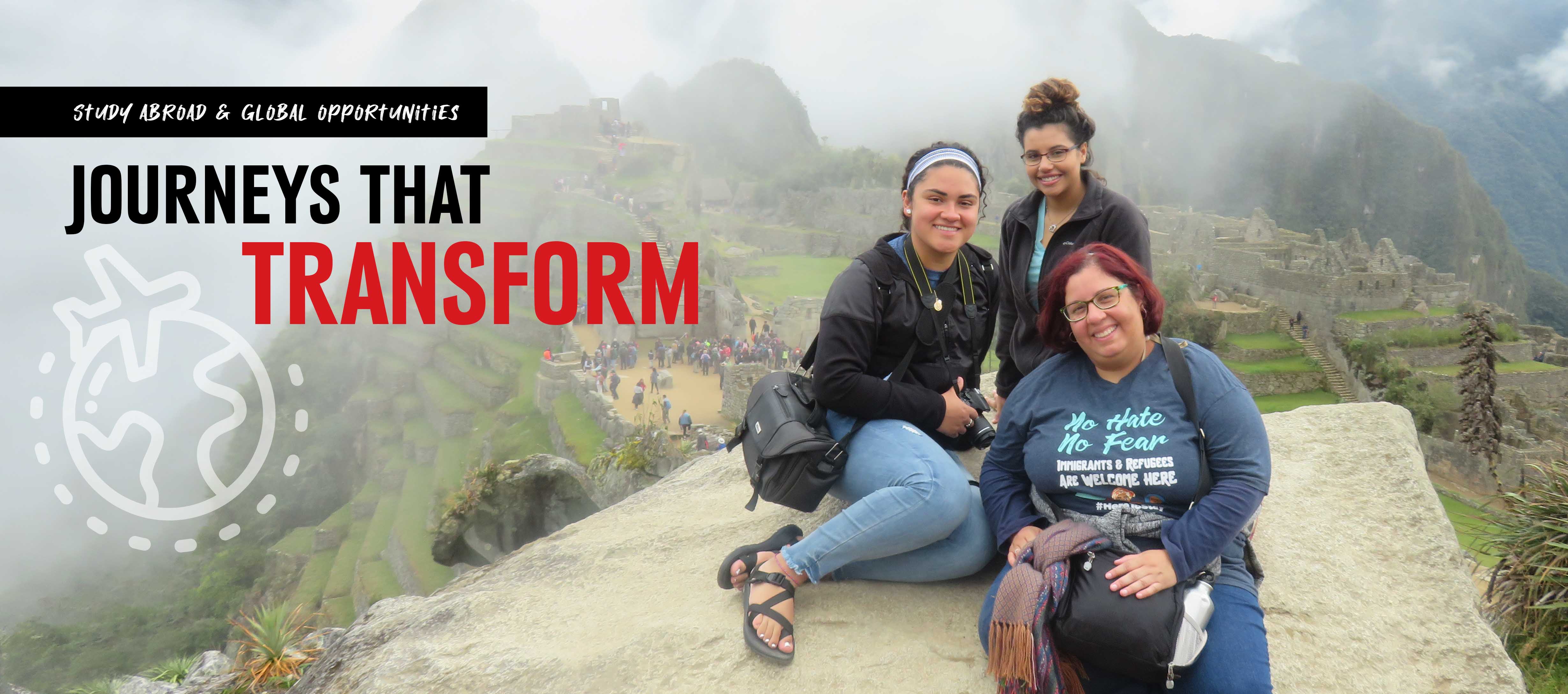 Three people sit on a rock in Peru