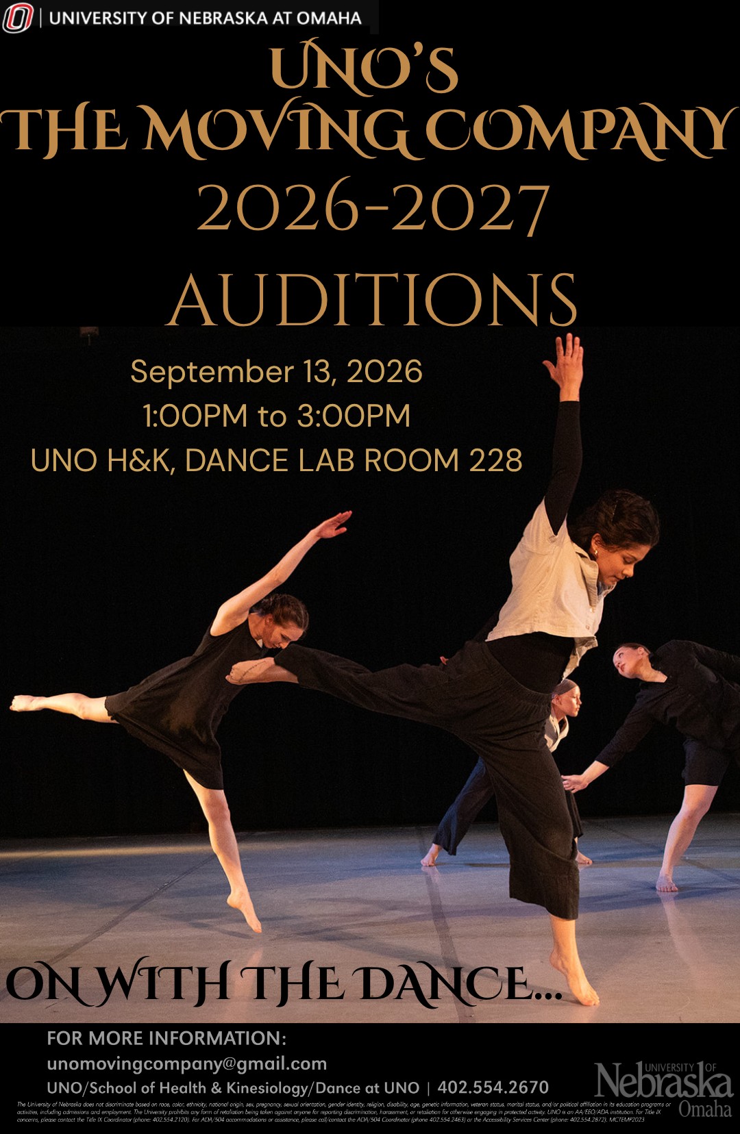 The Moving Company Audition flyer with dancers doing a pirouette.