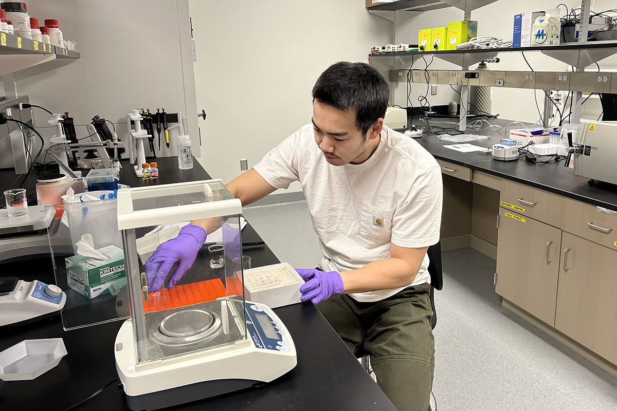 A researcher works in the new lab space in the Health Science Collaborative 