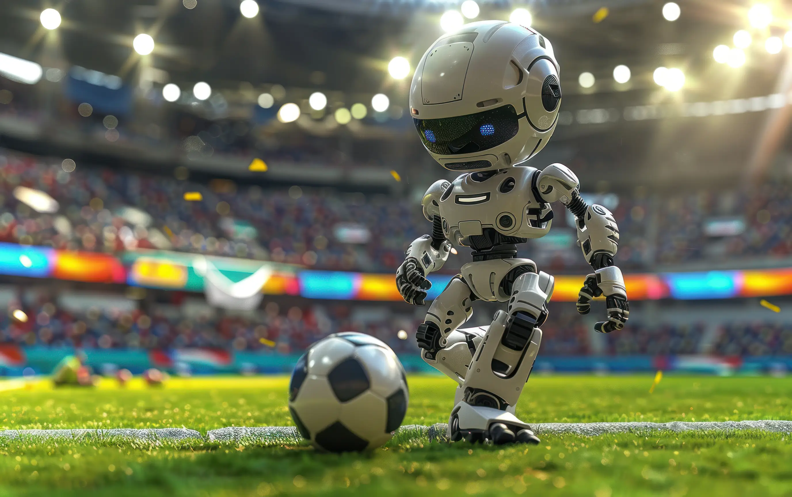 An AI-generated image of a small robot kicking a soccer ball on a field in a large stadium