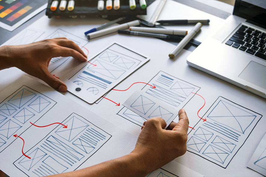 ux Graphic designer creative sketch planning application process development prototype wireframe for web mobile phone . User experience concept.