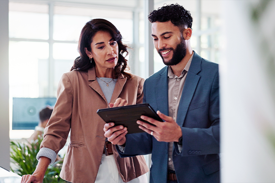 Tablet, meeting and business people in office with research for break in finance stock market. Discussion, digital technology and financial advisors with online revenue, profit or equity report.