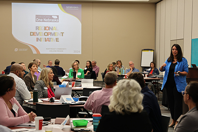 Director Josie Gatti Schafer presenting at the Nebraska Department of Economic Development 6 Regions, One Nebraska Northeast Region meeting