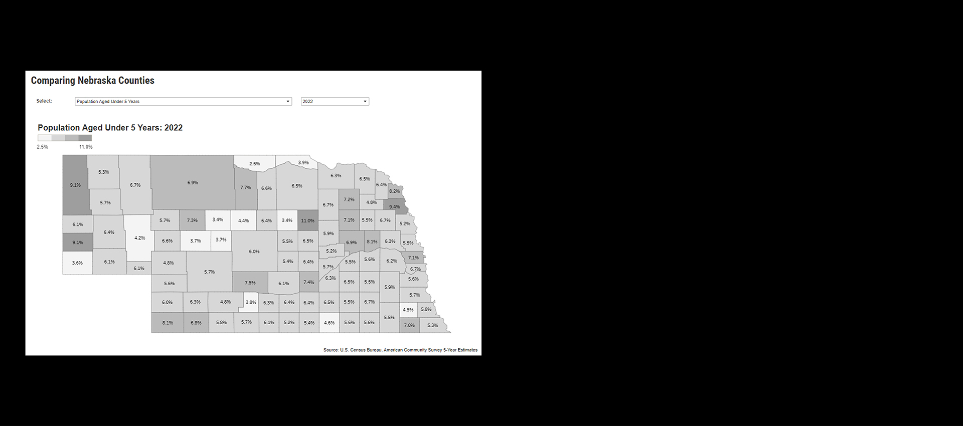 map comparing Nebraska counties for population ages under 5 years for 2022