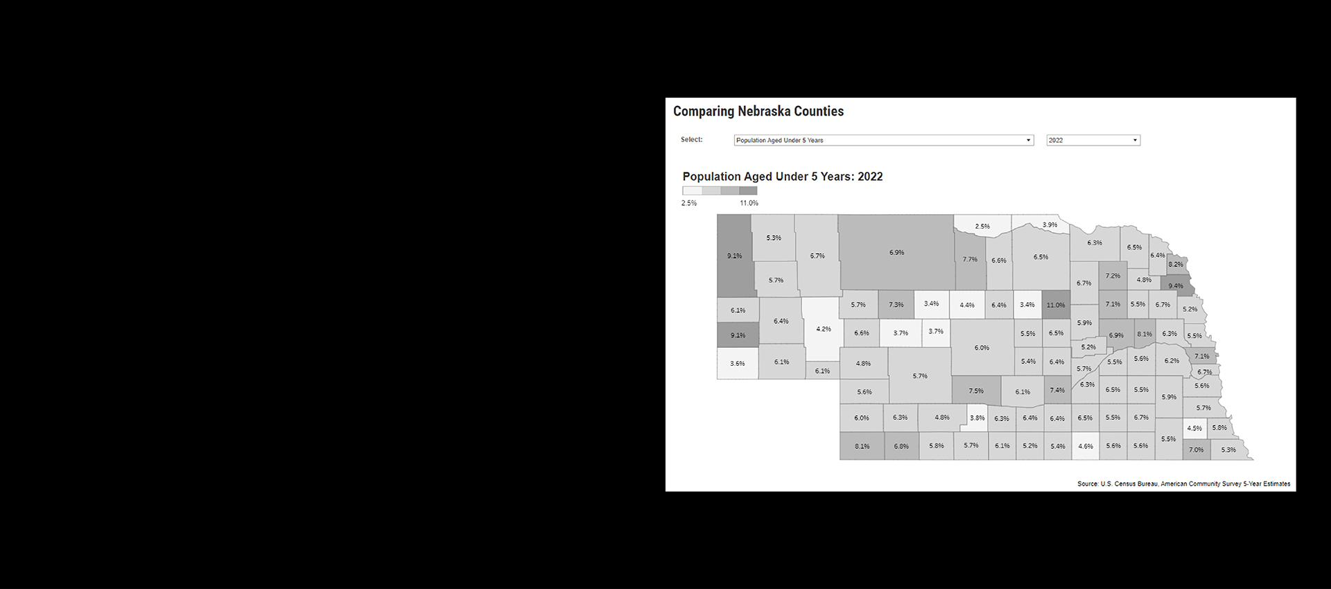 map comparing Nebraska counties for population ages under 5 years for 2022