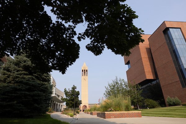 a view of the campanile on uno's dodge campus