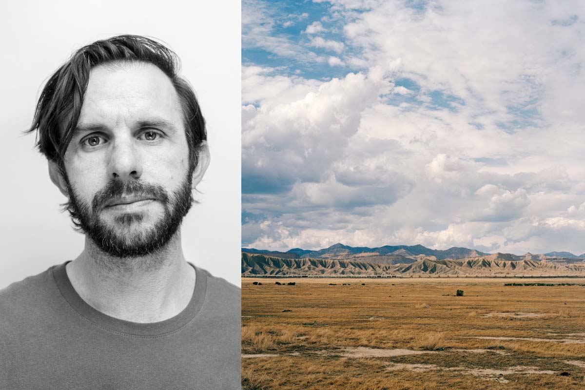 a black and white headshot of artist Terry Ratzlaff on the left side, on the right side there is a photo of mountainous landscape 