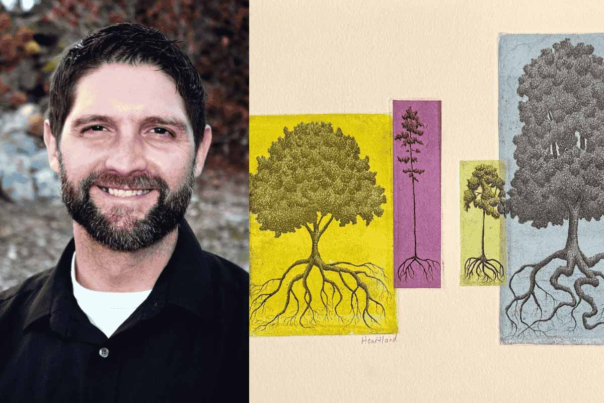 a headshot of a man, Keith, smiling on the left side and on the right side an image of a collection of drawn trees, in multiple colors