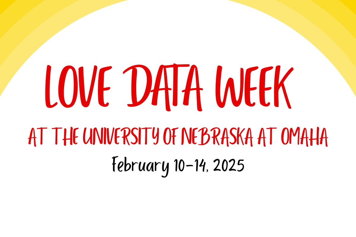 a partial circle made of many shadows of yellow over the words 'love data week at the university of nebraska at omaha february 10-14, 2025'