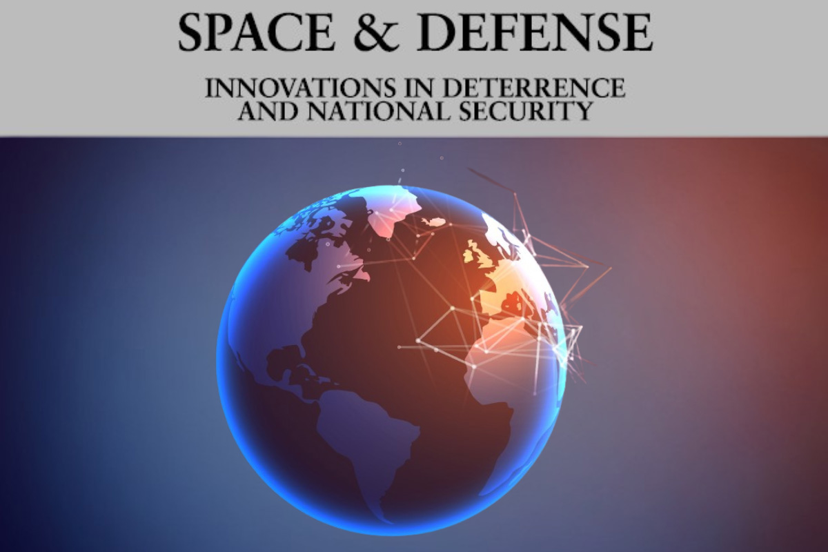 Digital globe with network lines on gradient background. There is a grey band on the top with the words 'Space & Defense Innovations in Deterrence and National Security.'