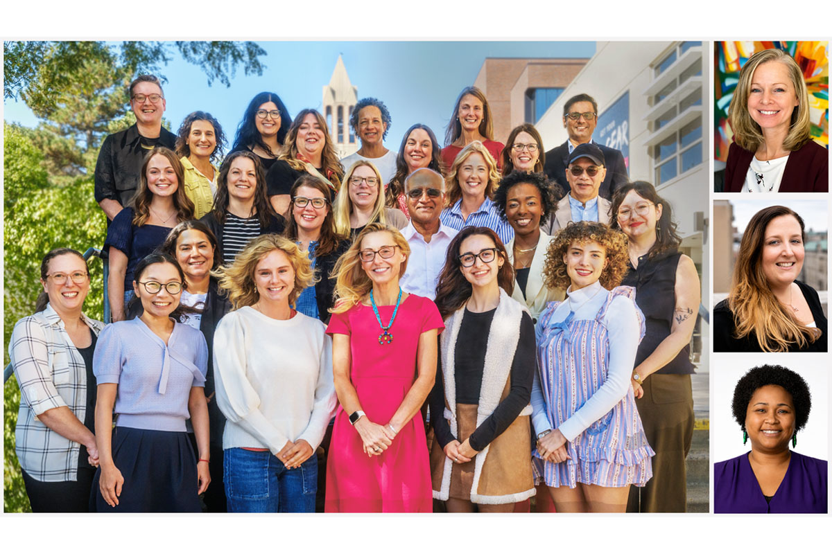 Group photo of 25 individuals smiling outdoors, with greenery and a blue sky in the background. On the right side there are three people's headshots vertically, down the screen.