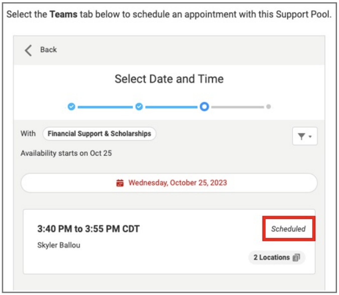 a screenshot of the scheduling screen in MavCONNECT, showing an available time slot with the word 'scheduled' displaying in the top right corner