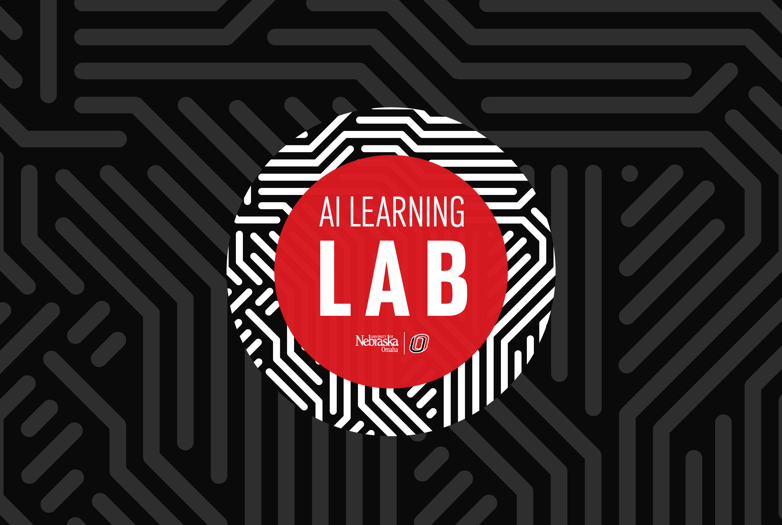 AI Learning Lab logo with a bold red circle, white text, and University of Nebraska Omaha branding, set against a black background with circuit board patterns.