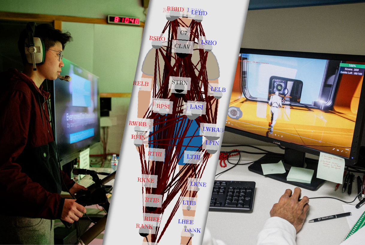 A composite image showcasing AI-driven research at UNO. On the left, a student wearing a headset operates media production equipment. In the center, a digital diagram of a human figure with labeled joints and muscle connections represents biomechanics research. On the right, a researcher works at a computer displaying a 3D video game, symbolizing AI’s role in game design.