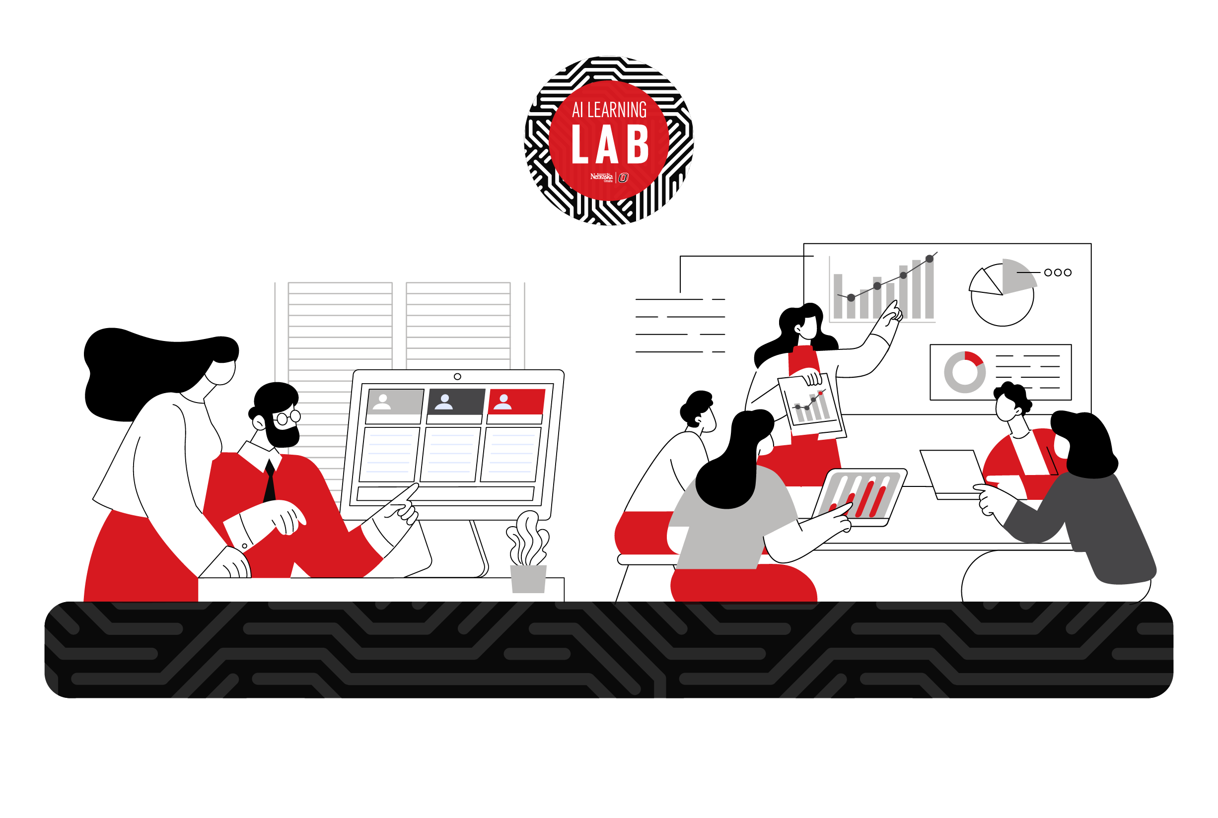  A modern, stylized illustration of students and faculty at the University of Nebraska at Omaha (UNO) collaborating in a tech-enhanced classroom. People are engaging with digital devices, including a computer, tablet, and data charts, representing the integration of AI in learning and work. At the top, the "AI Learning Lab" logo is displayed, reinforcing the theme of artificial intelligence in education. The design uses a red, black, and white color scheme, aligning with UNO branding.