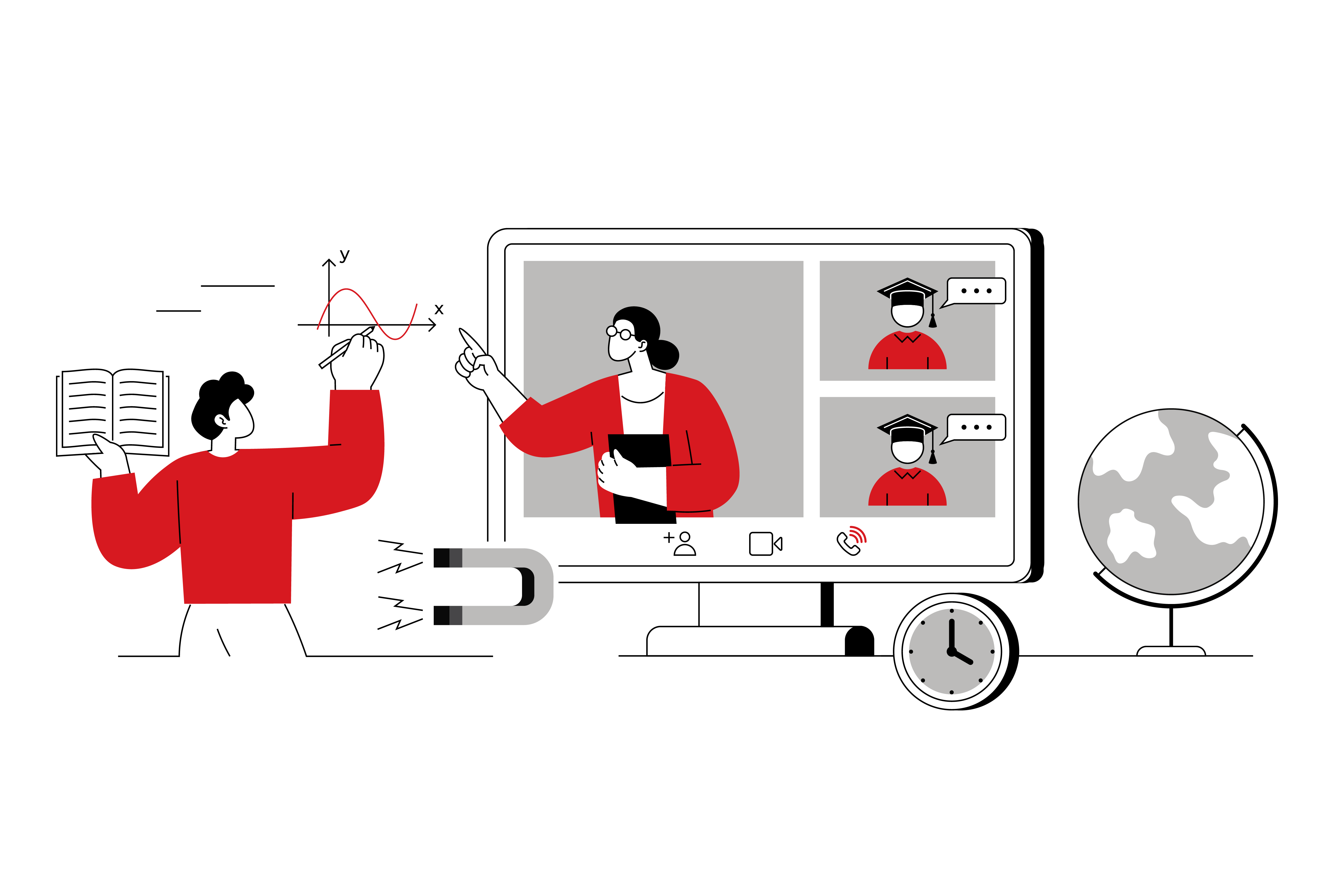 Illustration of online learning with AI-driven support tools. A student interacts with a virtual instructor on a screen, while two graduates engage in a chat. Icons of a globe, clock, and digital tools symbolize global, AI-enhanced education.