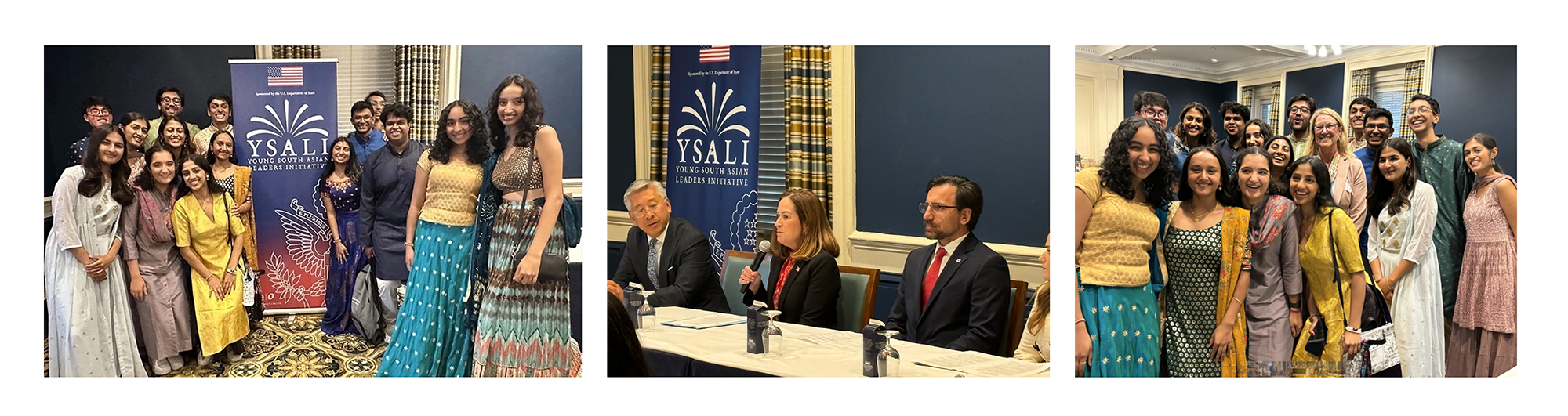 People pose with a YSALI Banner and sit at a panel discussion