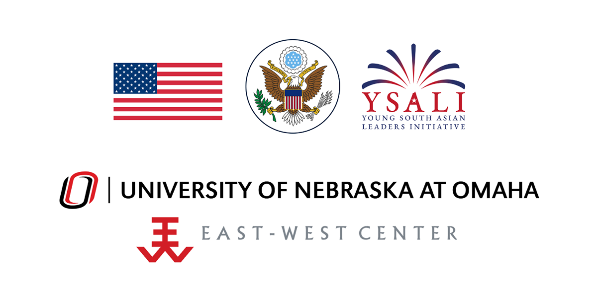 A U.S. flag graphic and logos for UNO, YSALI, U.S. Department of State and the East-West Center.