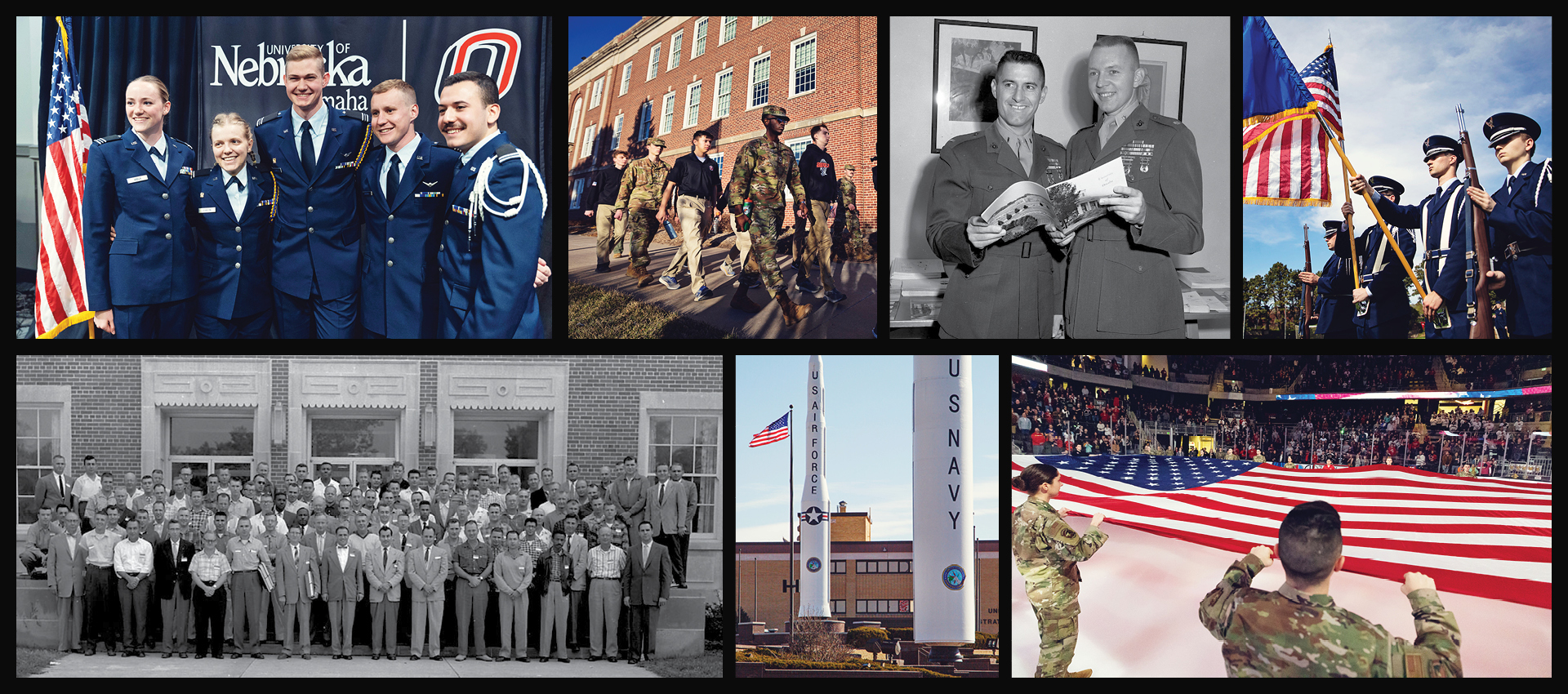 Collage of images showcasing military learners at UNO, including the 1950s Bootstrapper initiative, Offutt partnership, ROTC and AFROTC program, and awards recognition events.