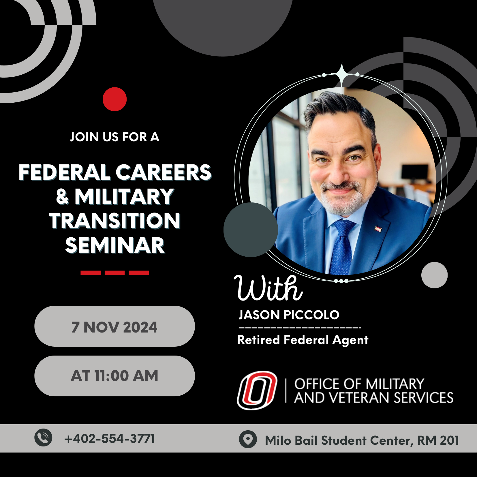 event flyer for federal careers and military transition summary with photo of speaker, Jason Piccolo