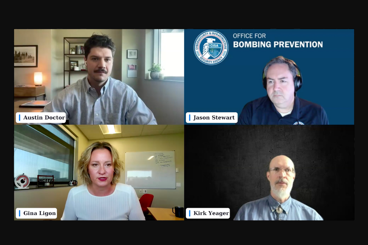 A screenshot of NCITE's webinar featuring windows for (clockwise, from left) Austin Doctor, Jason Stewart, Gina Ligon, and Kirk Yeager.