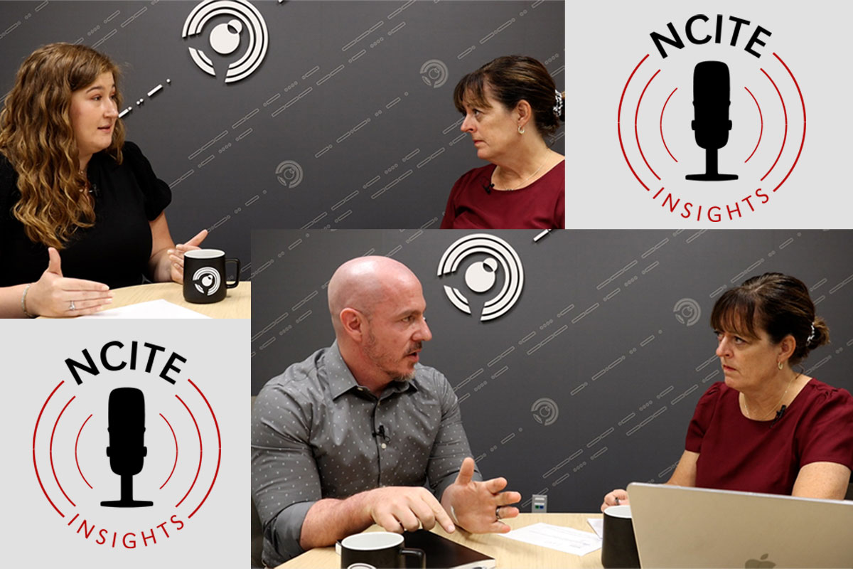 A split screen image displaying two in-person interviews. Erin Grace speaks with Brenna Helm (top) and Sam Hunter (bottom). The NCITE Insights logo is repeated twice in the top right and bottom left corners. 