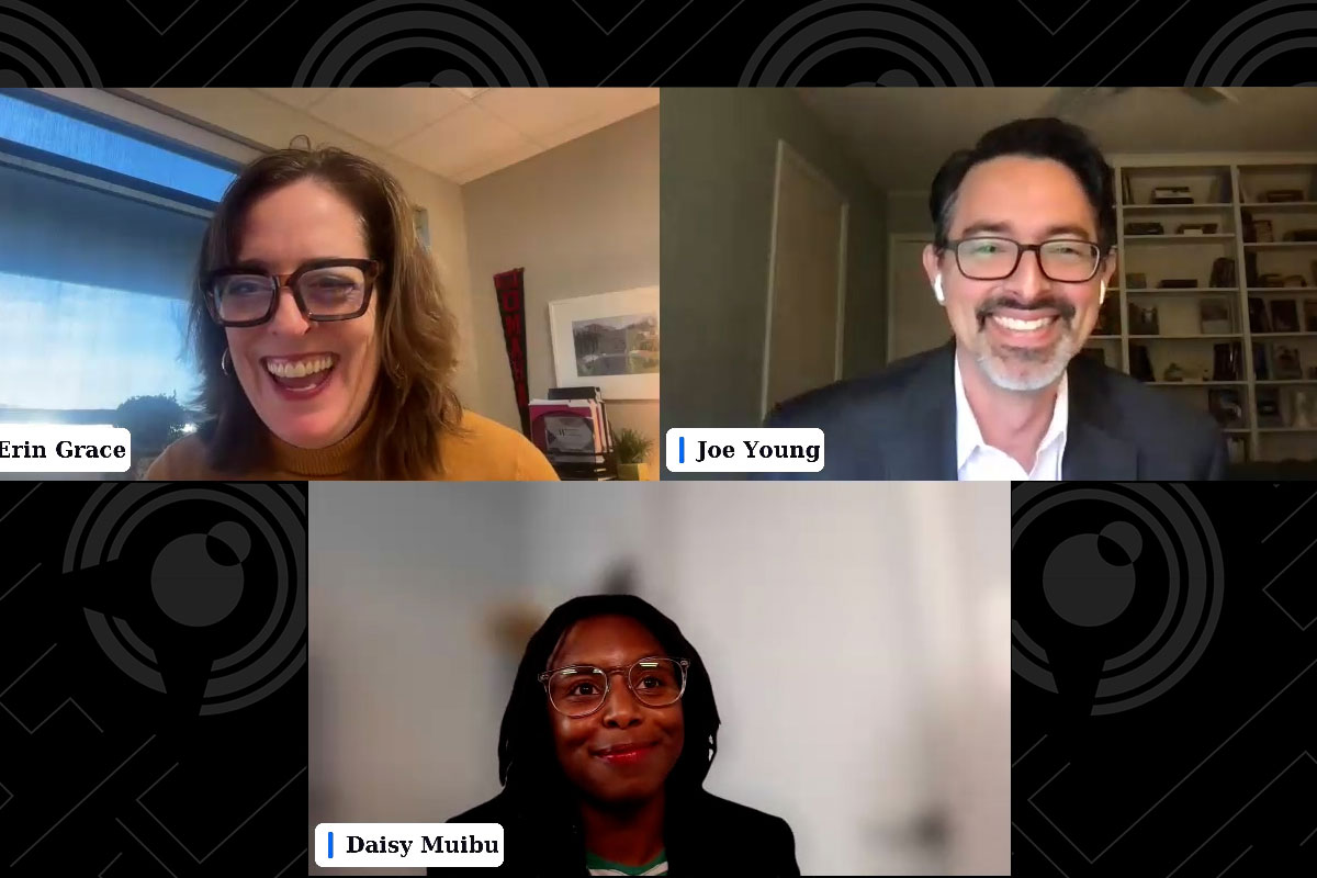 A screenshot of a webinar featuring three windows with moderator Erin Grace, and panelists Joe Young and Daisy Muibu.