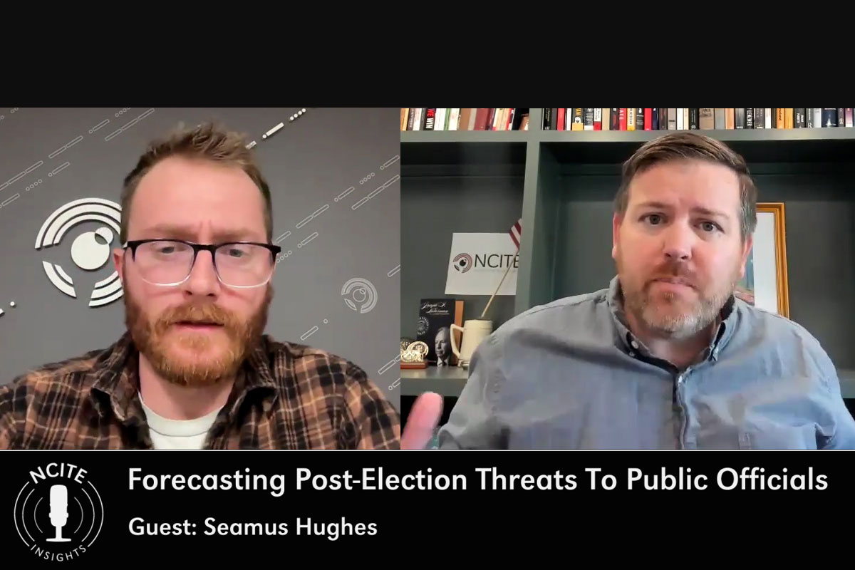 On a Zoom Call, interim host Blake Ursch (left) speaks with NCITE researcher Seamus Hughes (right). 