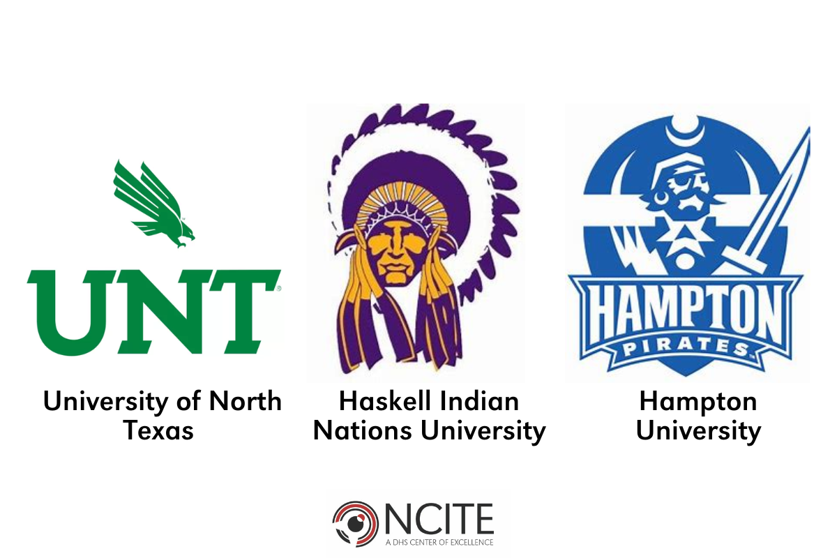 A graphic displaying the NCITE birdie logo alongside logos for Haskell Indian Nations University, Hampton University, and the University of Texas-San Antonio