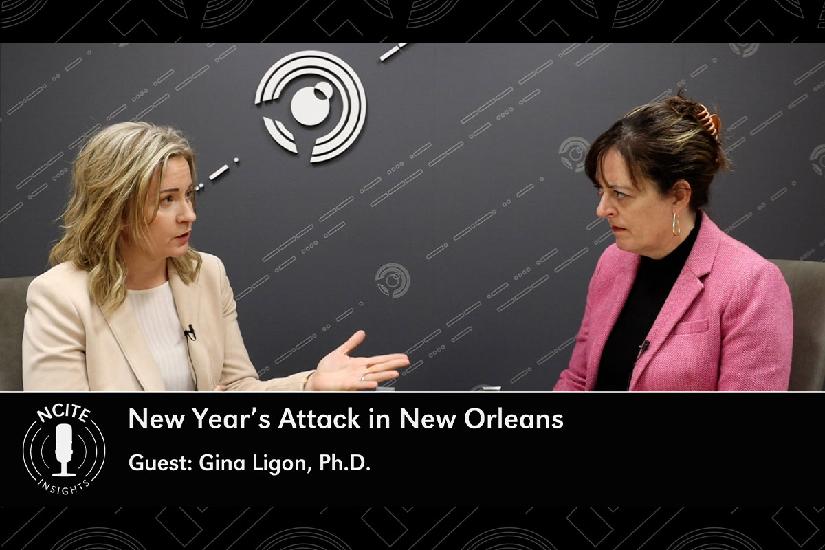 Podcast host Erin Grace (right) speaks with NCITE director Gina Ligon, Ph.D. (left).