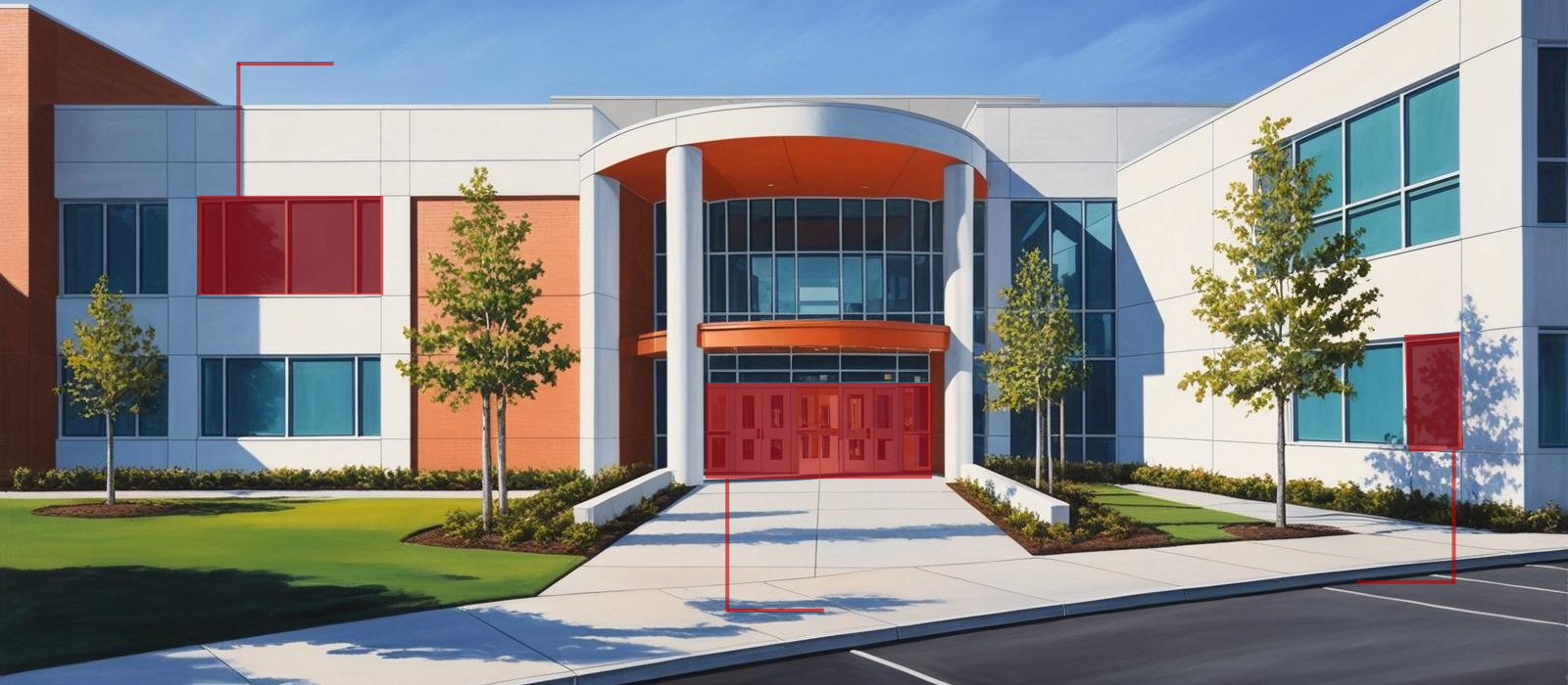 Shot of a modern-day school entrance with doors and a few windows highlighted in red. 