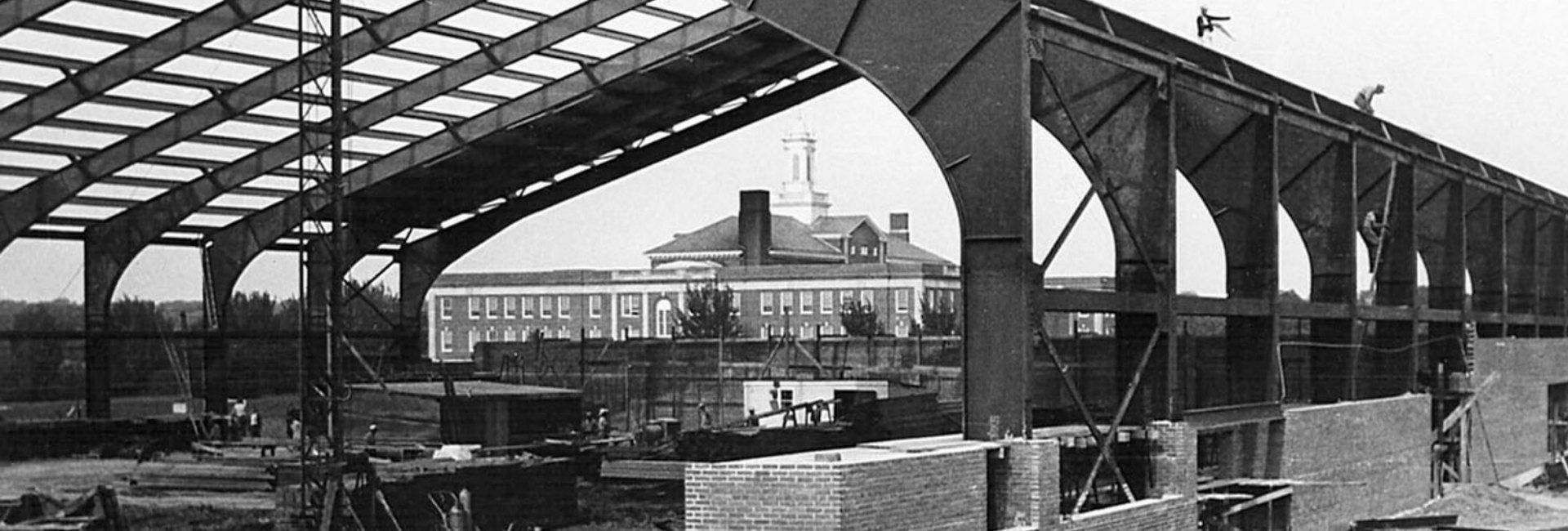 Construction of the fieldhouse from the west, in 1949