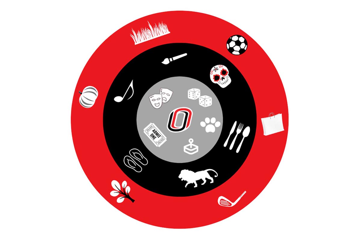 A feature graphic with a red, black, and gray bullseye design highlighting local entertainment spots.