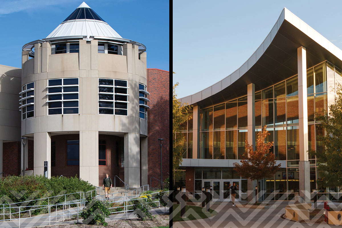 The Milo Bail Student Center (left) and the Health and Kinesiology Building (right).