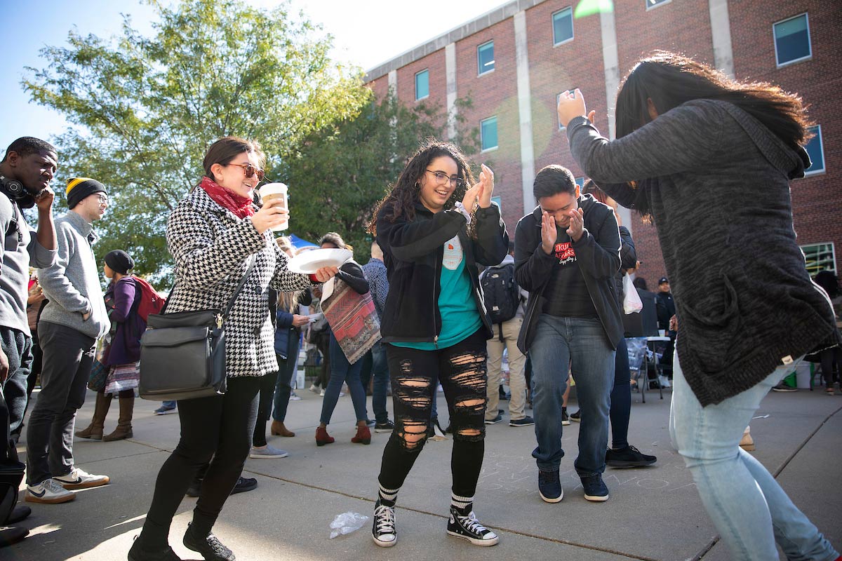 Students dancing during Fiesta on the Plaza, part of Latine Heritage Month.