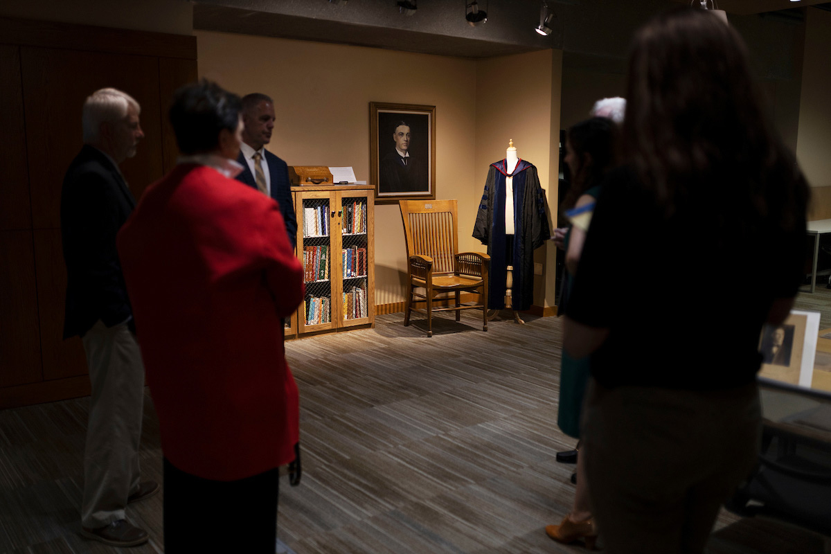 Family members visit the Daniel Jenkins exhibit in the UNO Archives and Special Collections.