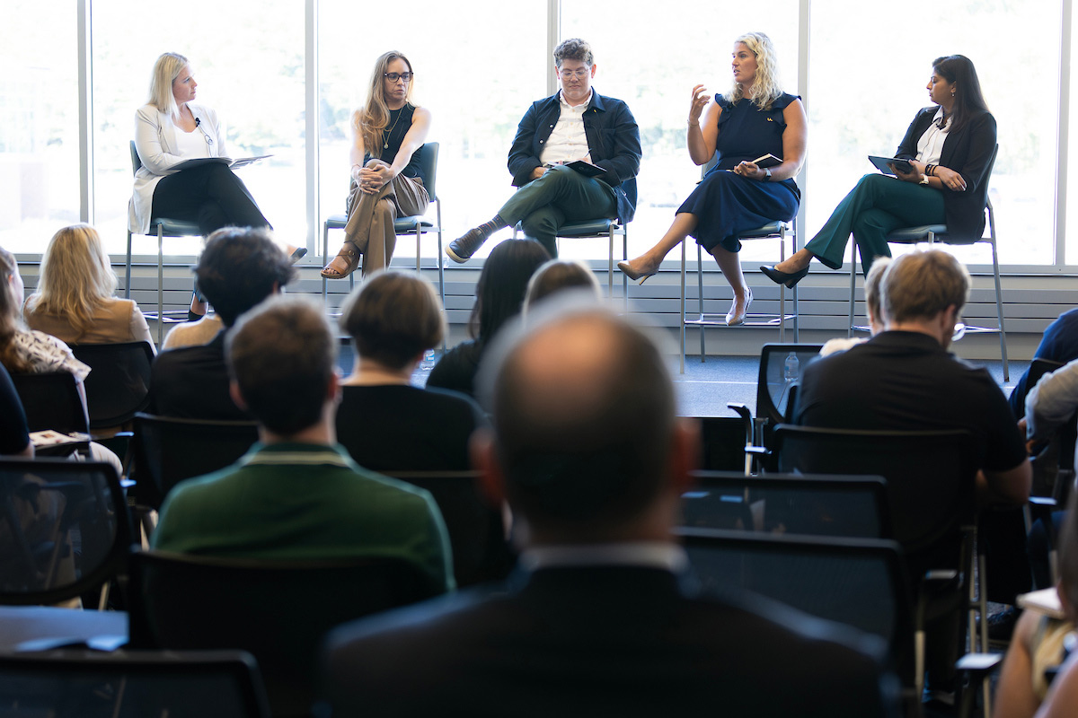 The National Leader Panel was facilitated by Associate Vice Chancellor of Innovative & Learning-Centric Initiatives, Jaci Lindburg, Ph.D., (far left) and featured (from left):  Dawn Barber, Kate Giovacchini, Kristine Collins, and Meena Naik.