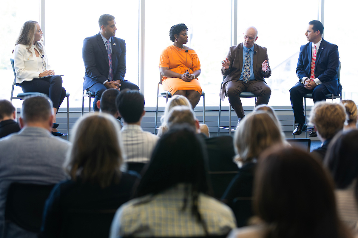  The Local Leader Panel was facilitated by Erin Bass, Ph.D., (far left) and featured (from left):  Harnoor S. Dhaliwal, Ph.D.; CJ Jackson, PMP, PMI-PBA; K.C. Belitz; and Heath Mello.